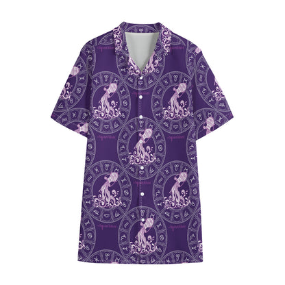 Purple Aquarius Zodiac Pattern Print Cotton Hawaiian Shirt