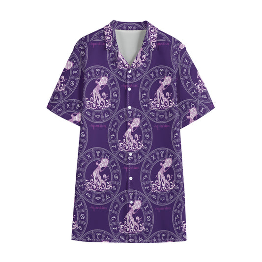Purple Aquarius Zodiac Pattern Print Cotton Hawaiian Shirt