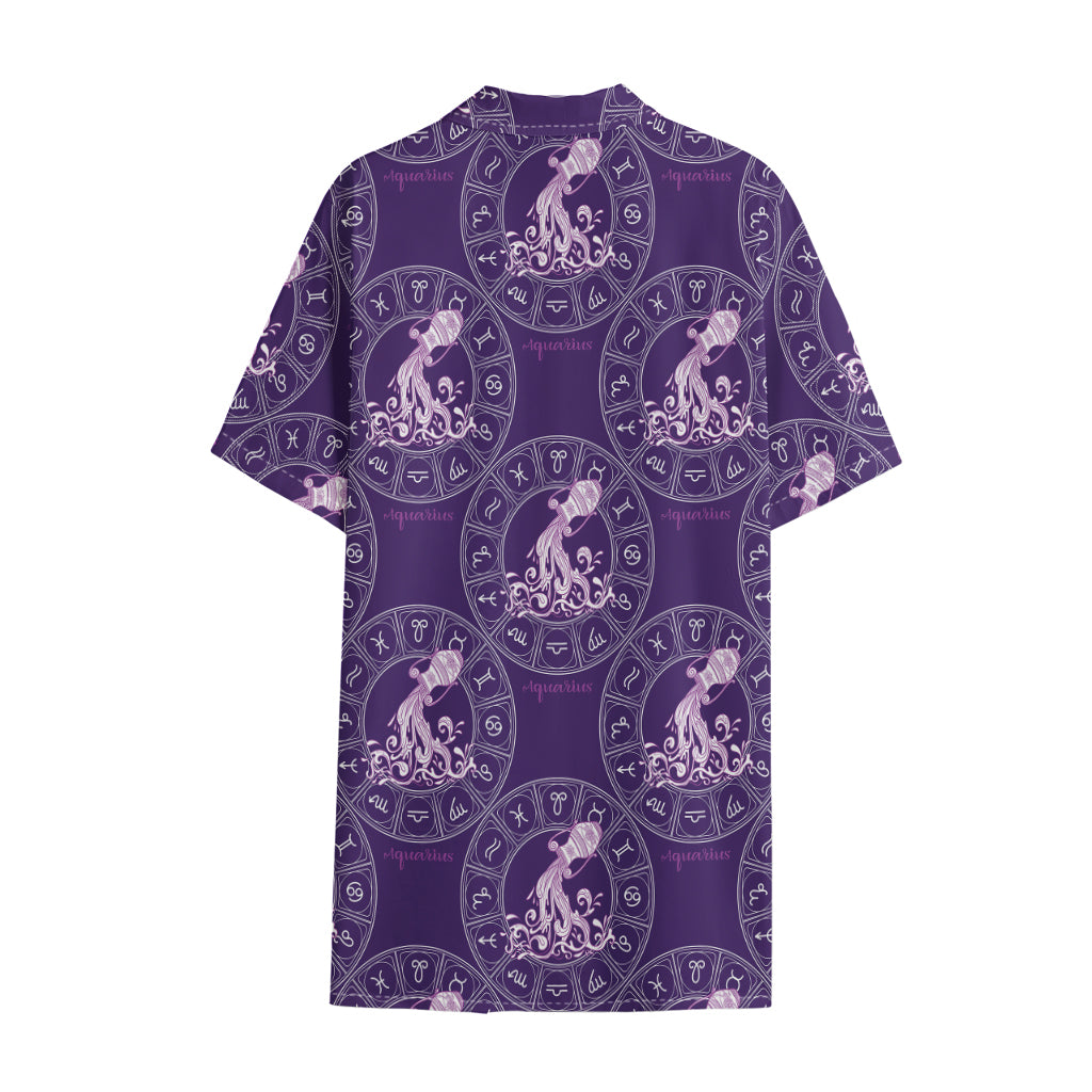 Purple Aquarius Zodiac Pattern Print Cotton Hawaiian Shirt