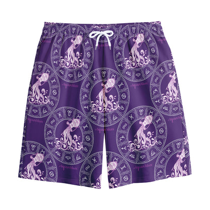 Purple Aquarius Zodiac Pattern Print Cotton Shorts