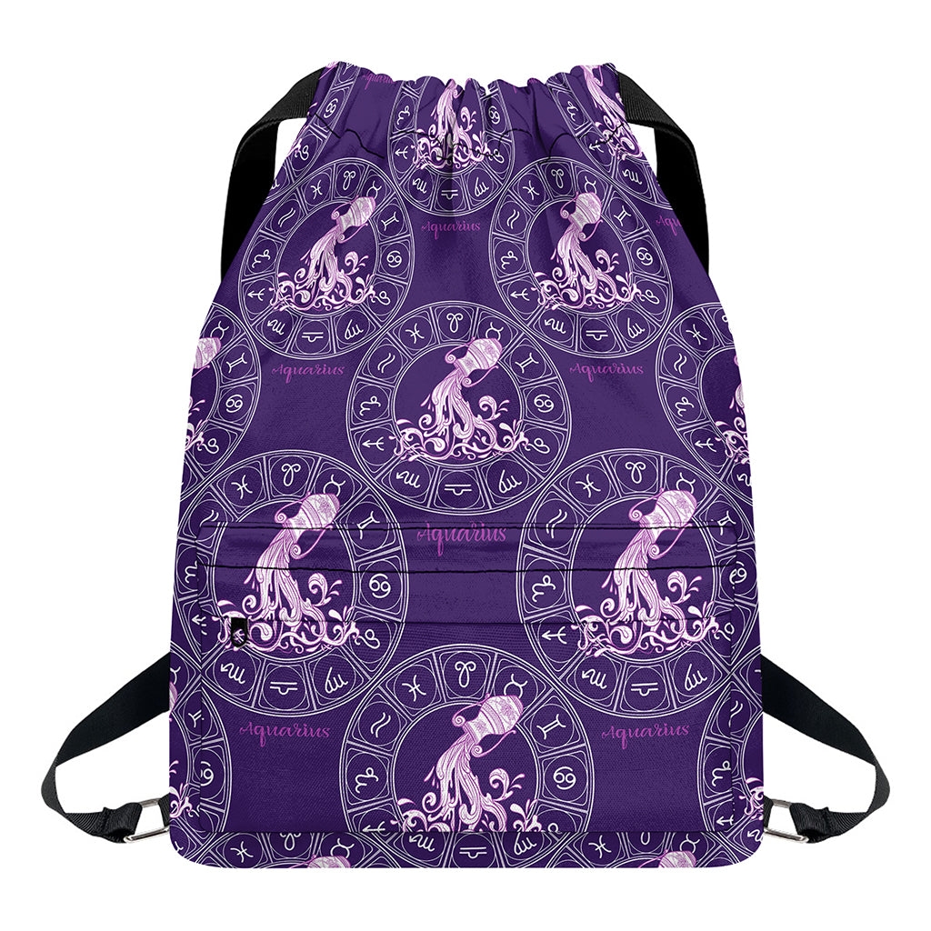 Purple Aquarius Zodiac Pattern Print Drawstring Backpack