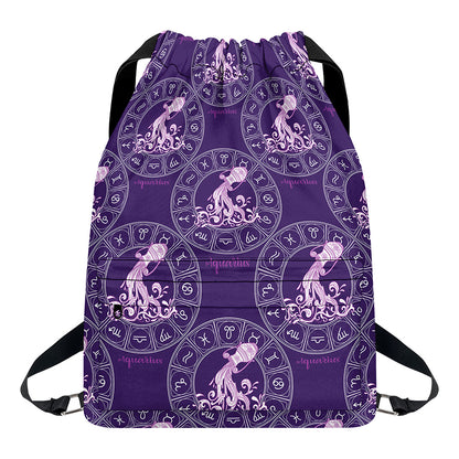 Purple Aquarius Zodiac Pattern Print Drawstring Backpack