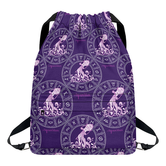 Purple Aquarius Zodiac Pattern Print Drawstring Backpack