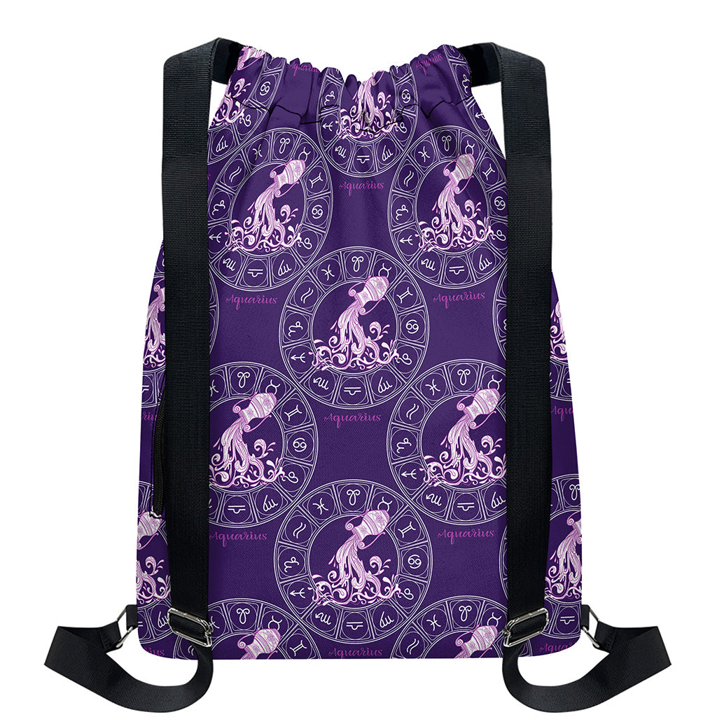 Purple Aquarius Zodiac Pattern Print Drawstring Backpack