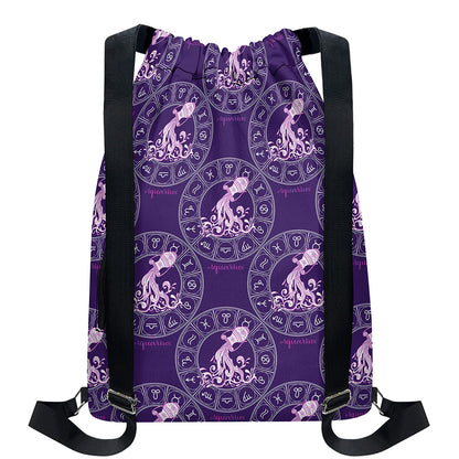 Purple Aquarius Zodiac Pattern Print Drawstring Backpack