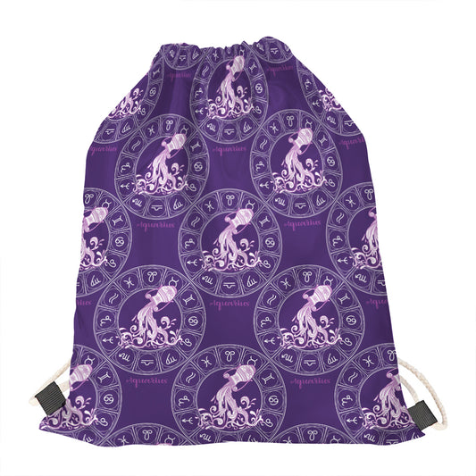 Purple Aquarius Zodiac Pattern Print Drawstring Bag