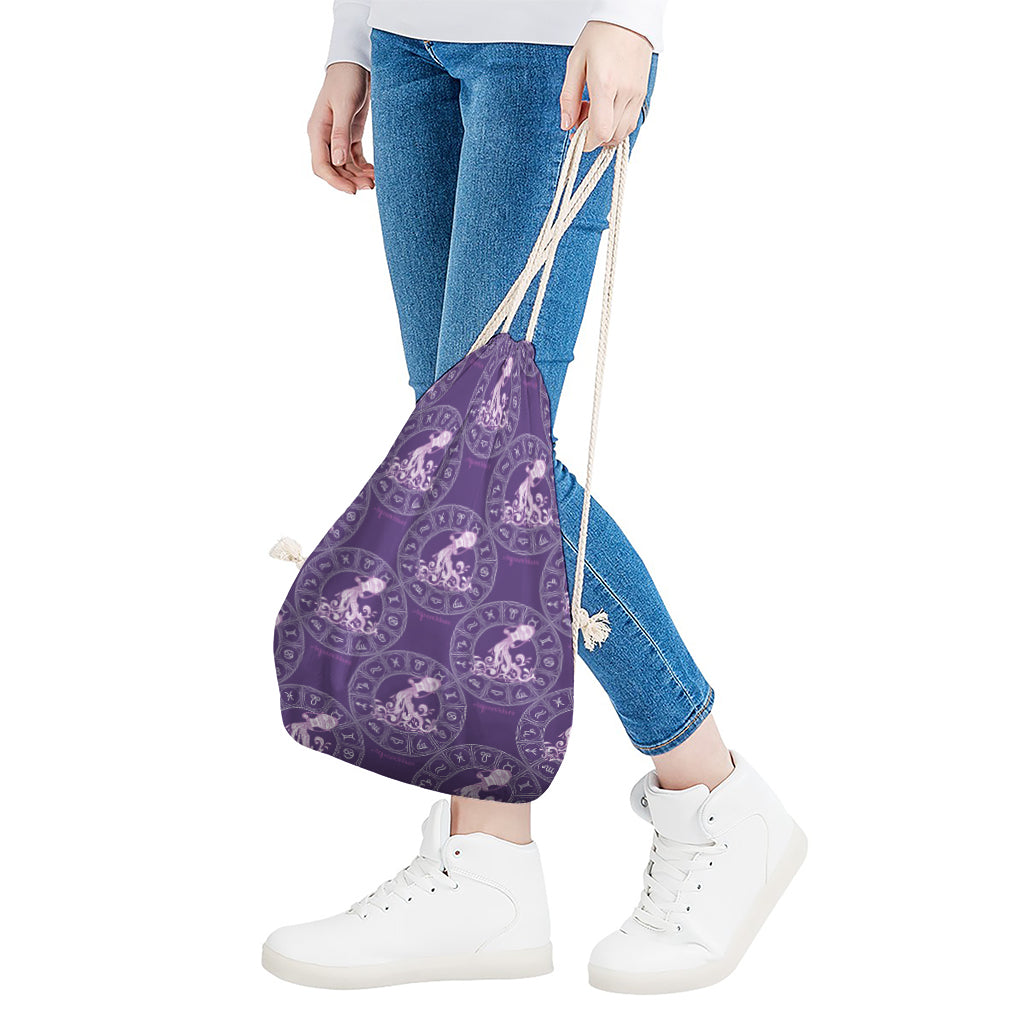 Purple Aquarius Zodiac Pattern Print Drawstring Bag