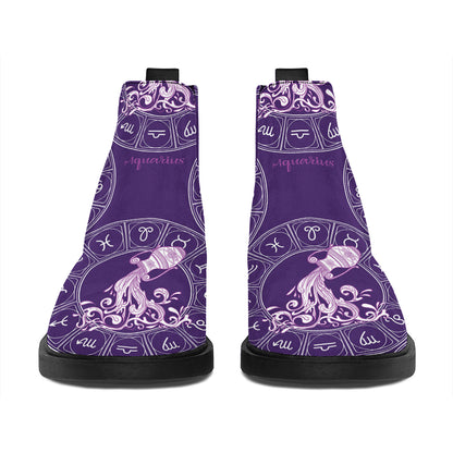 Purple Aquarius Zodiac Pattern Print Flat Ankle Boots