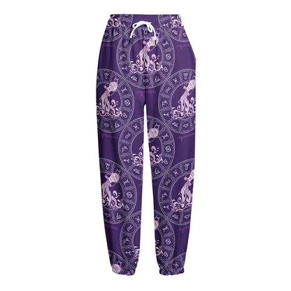 Purple Aquarius Zodiac Pattern Print Fleece Lined Knit Pants