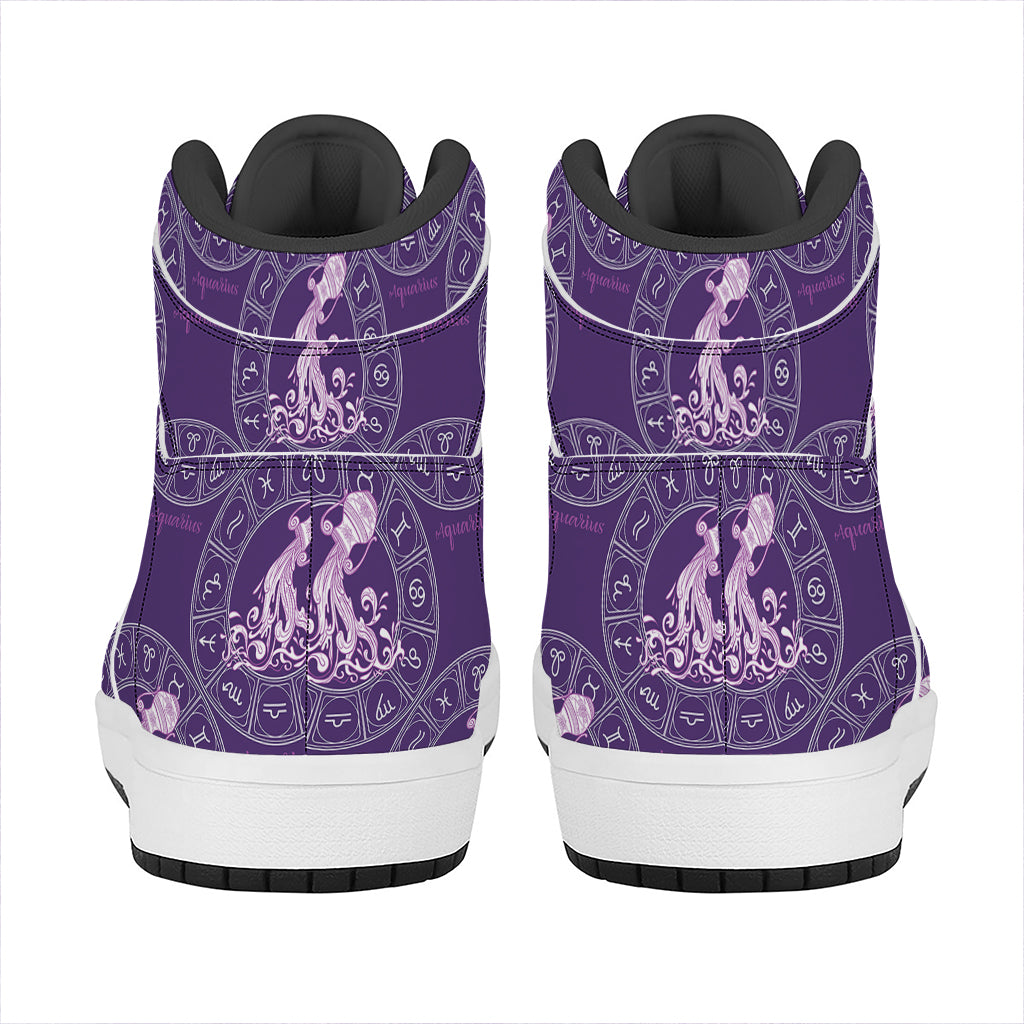 Purple Aquarius Zodiac Pattern Print High Top Leather Sneakers