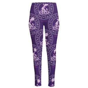 Purple Aquarius Zodiac Pattern Print High-Waisted Pocket Leggings