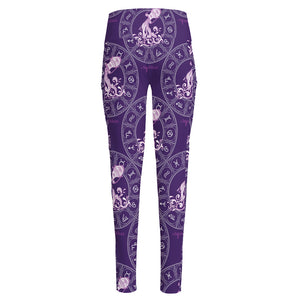 Purple Aquarius Zodiac Pattern Print High-Waisted Pocket Leggings