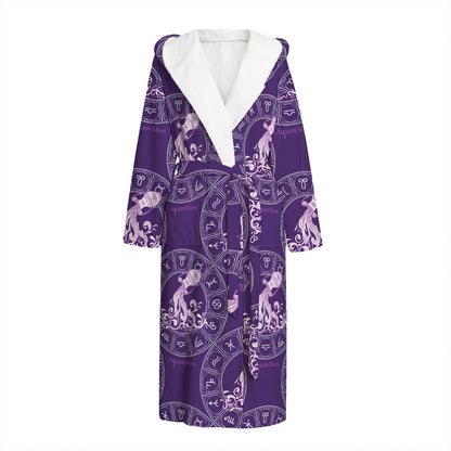 Purple Aquarius Zodiac Pattern Print Hooded Bathrobe
