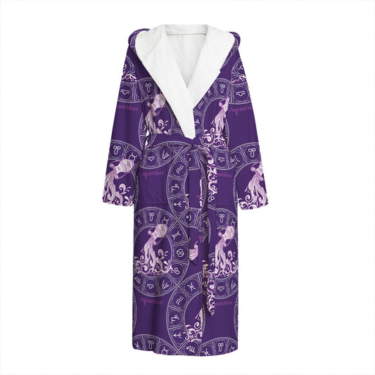 Purple Aquarius Zodiac Pattern Print Hooded Bathrobe