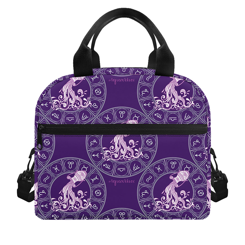 Purple Aquarius Zodiac Pattern Print Insulated Lunch Bag