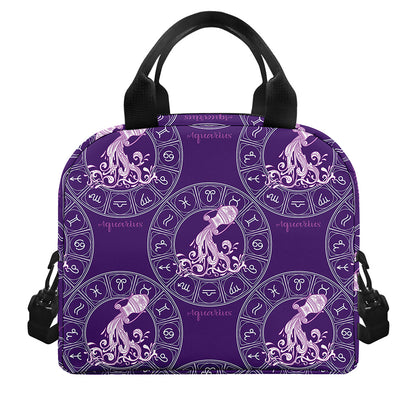 Purple Aquarius Zodiac Pattern Print Insulated Lunch Bag