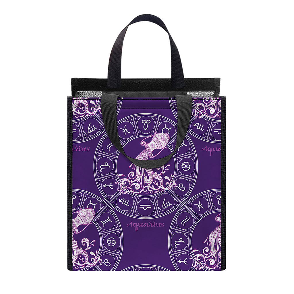 Purple Aquarius Zodiac Pattern Print Insulated Lunch Tote