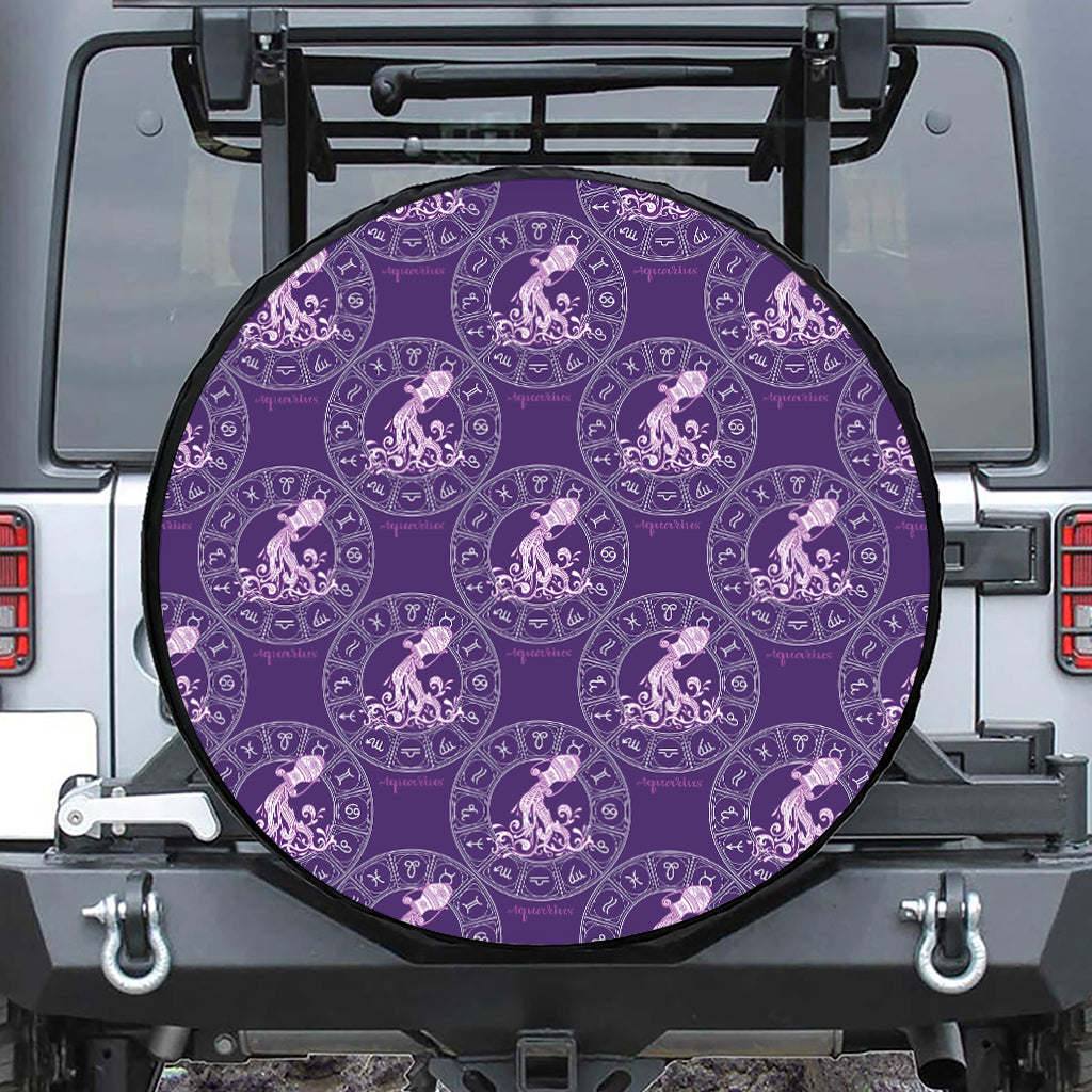 Purple Aquarius Zodiac Pattern Print Leather Spare Tire Cover