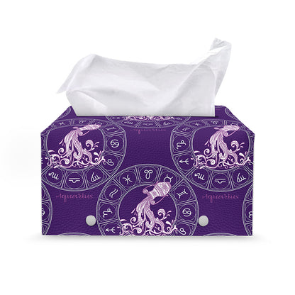 Purple Aquarius Zodiac Pattern Print Leather Tissue Box Cover
