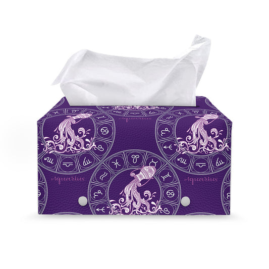 Purple Aquarius Zodiac Pattern Print Leather Tissue Box Cover
