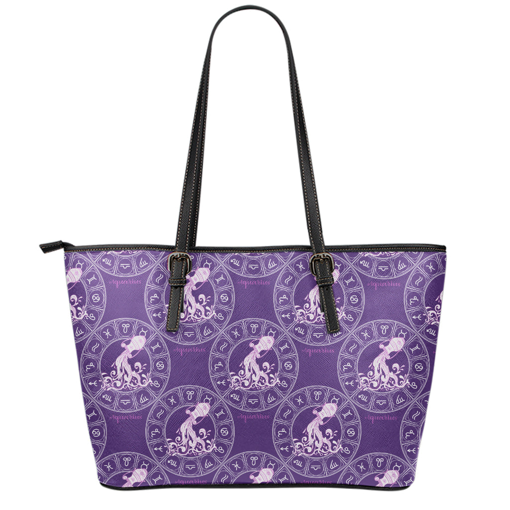 Purple Aquarius Zodiac Pattern Print Leather Tote Bag