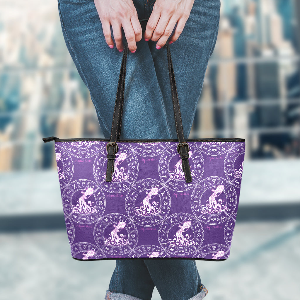 Purple Aquarius Zodiac Pattern Print Leather Tote Bag