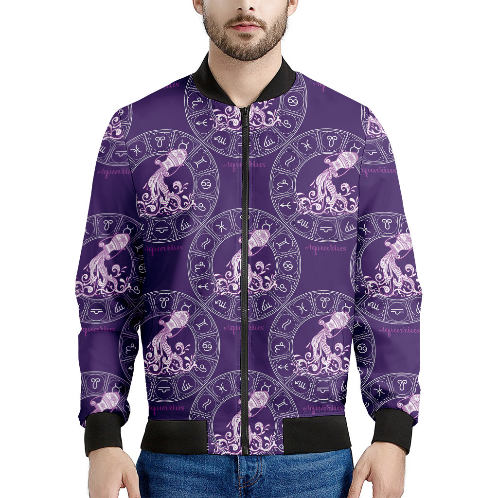 Purple Aquarius Zodiac Pattern Print Men's Bomber Jacket