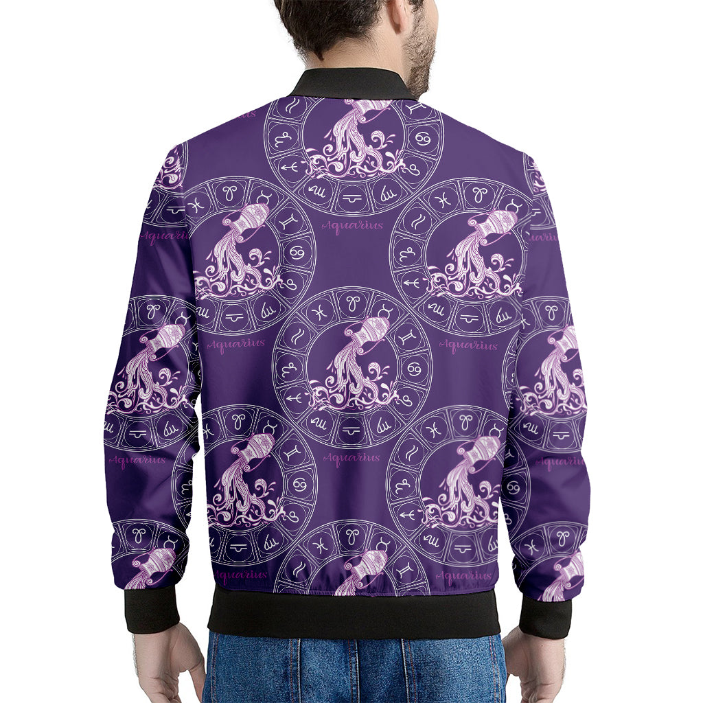 Purple Aquarius Zodiac Pattern Print Men's Bomber Jacket