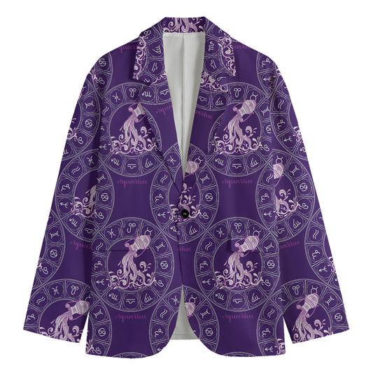Purple Aquarius Zodiac Pattern Print Men's Cotton Blazer