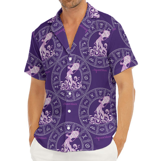 Purple Aquarius Zodiac Pattern Print Men's Deep V-Neck Shirt