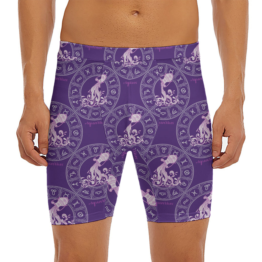 Purple Aquarius Zodiac Pattern Print Men's Long Boxer Briefs