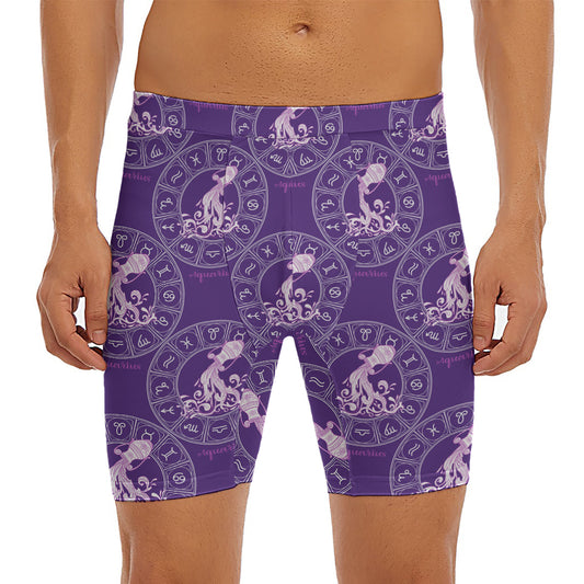 Purple Aquarius Zodiac Pattern Print Men's Long Boxer Briefs
