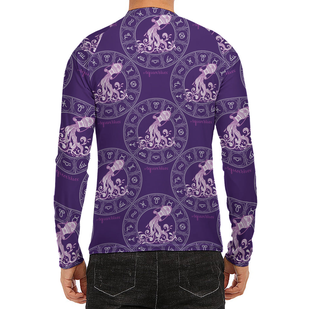 Purple Aquarius Zodiac Pattern Print Men's Long Sleeve Rash Guard
