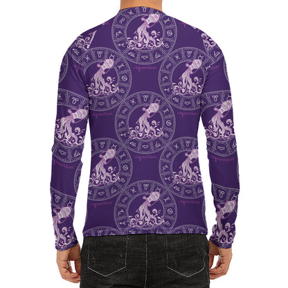 Purple Aquarius Zodiac Pattern Print Men's Long Sleeve Rash Guard