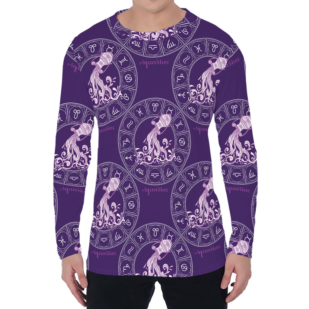 Purple Aquarius Zodiac Pattern Print Men's Long Sleeve T-Shirt