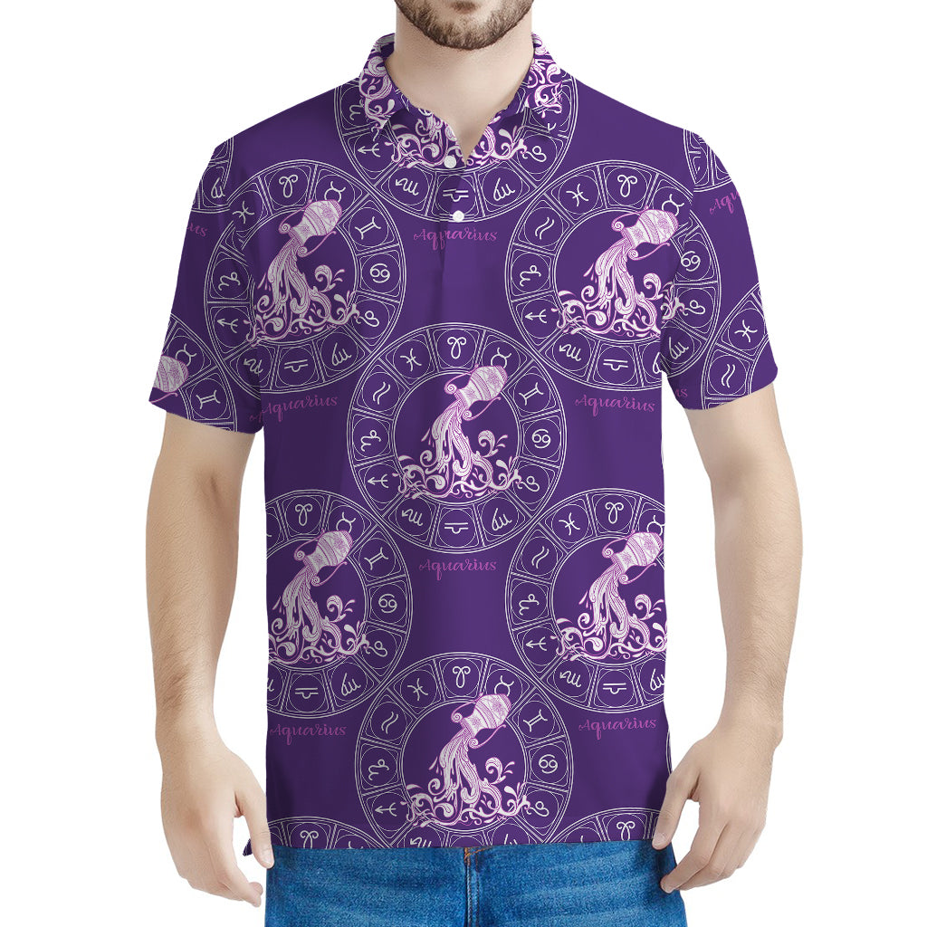 Purple Aquarius Zodiac Pattern Print Men's Polo Shirt