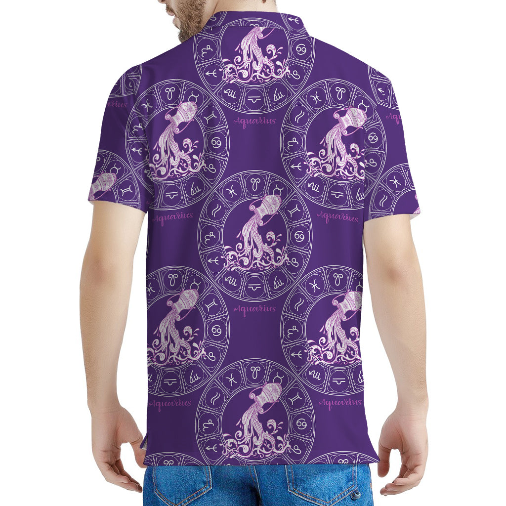 Purple Aquarius Zodiac Pattern Print Men's Polo Shirt