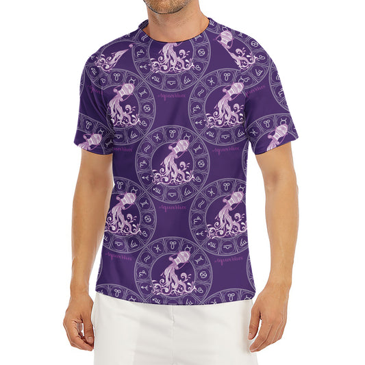 Purple Aquarius Zodiac Pattern Print Men's Short Sleeve Rash Guard