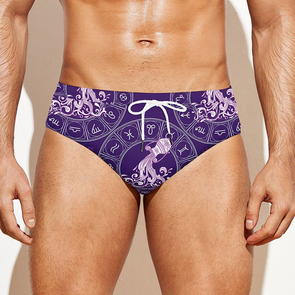 Purple Aquarius Zodiac Pattern Print Men's Swim Briefs