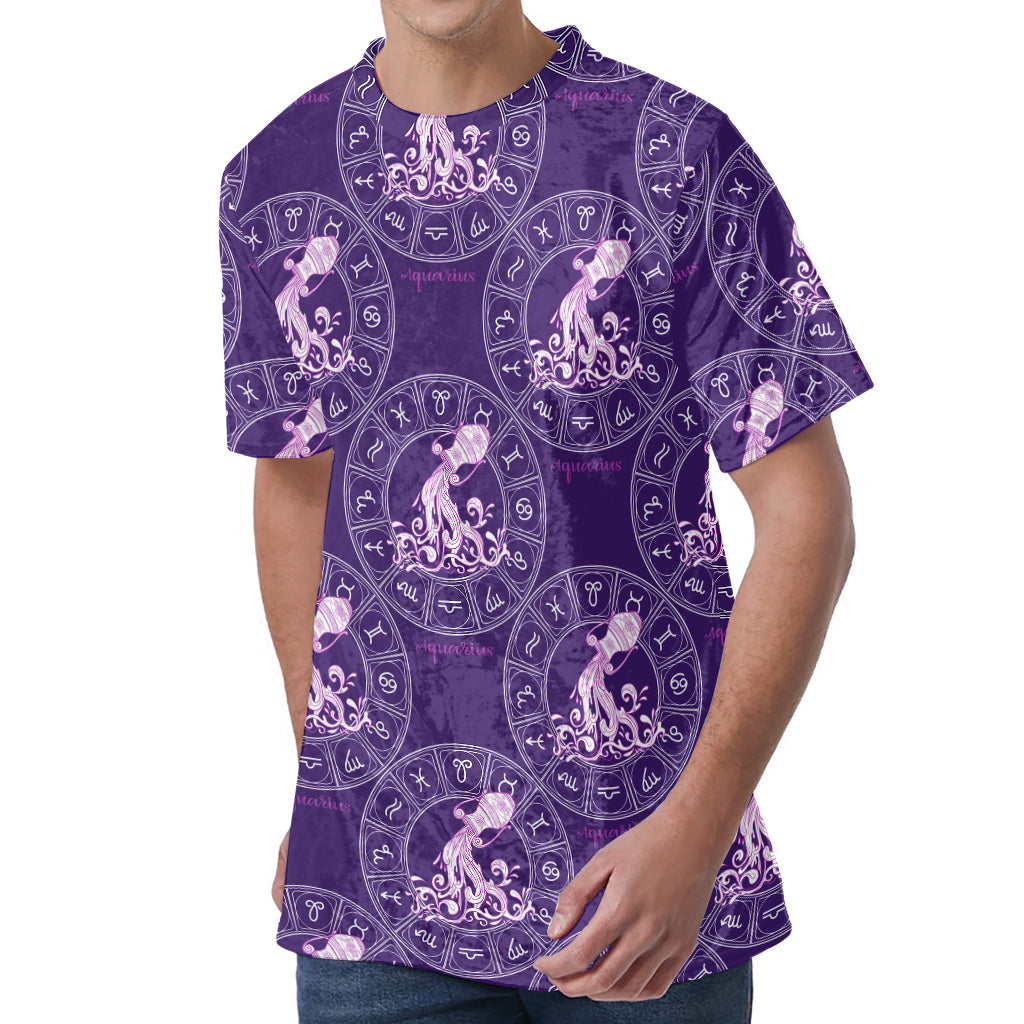 Purple Aquarius Zodiac Pattern Print Men's Velvet T-Shirt