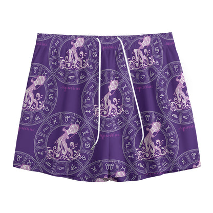 Purple Aquarius Zodiac Pattern Print Mesh Shorts