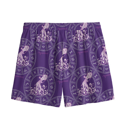 Purple Aquarius Zodiac Pattern Print Mesh Shorts