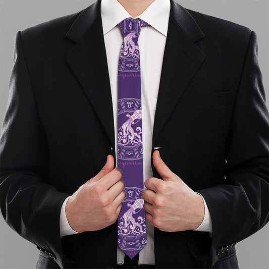 Purple Aquarius Zodiac Pattern Print Necktie