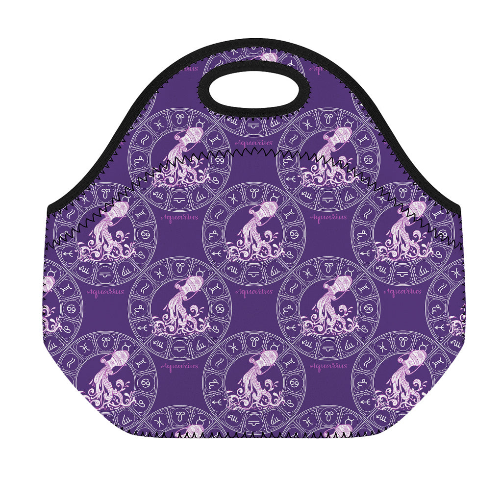 Purple Aquarius Zodiac Pattern Print Neoprene Lunch Bag