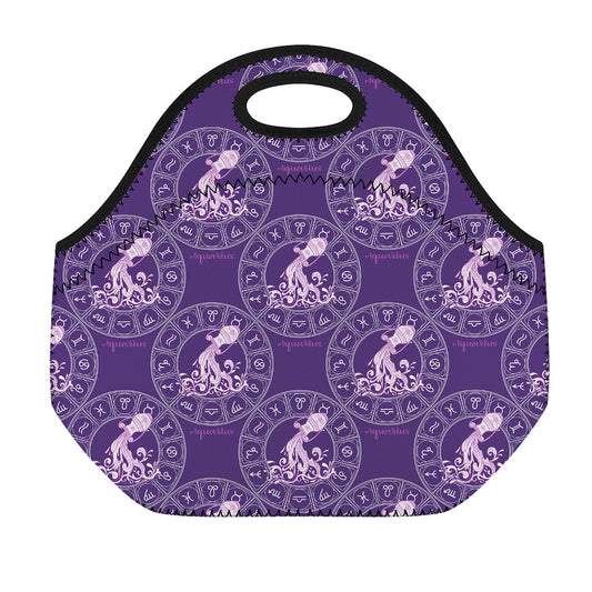 Purple Aquarius Zodiac Pattern Print Neoprene Lunch Bag
