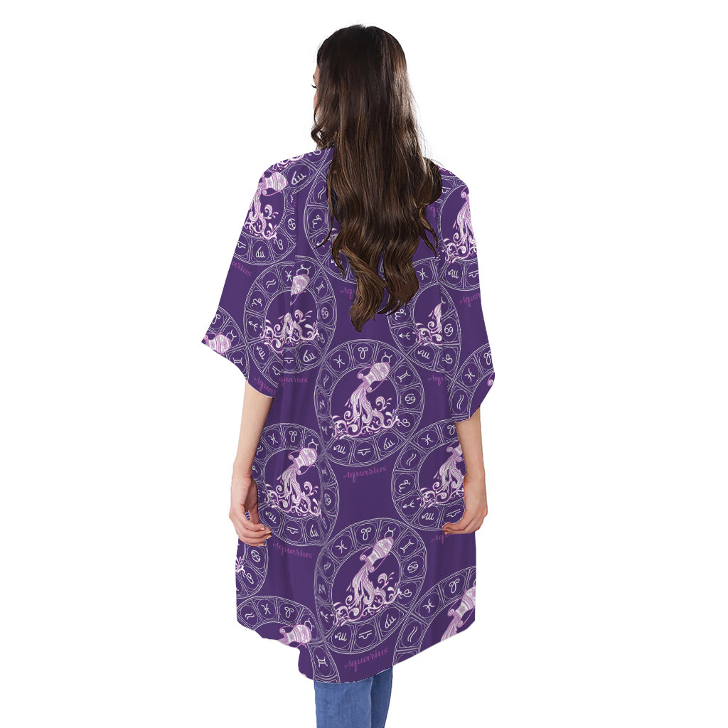 Purple Aquarius Zodiac Pattern Print Open Front Beach Cover Up