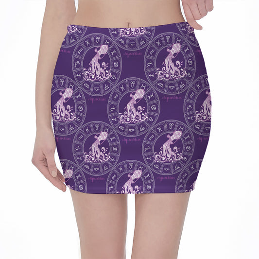 Purple Aquarius Zodiac Pattern Print Pencil Mini Skirt