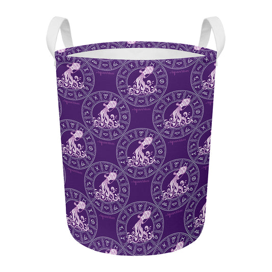 Purple Aquarius Zodiac Pattern Print Round Laundry Basket
