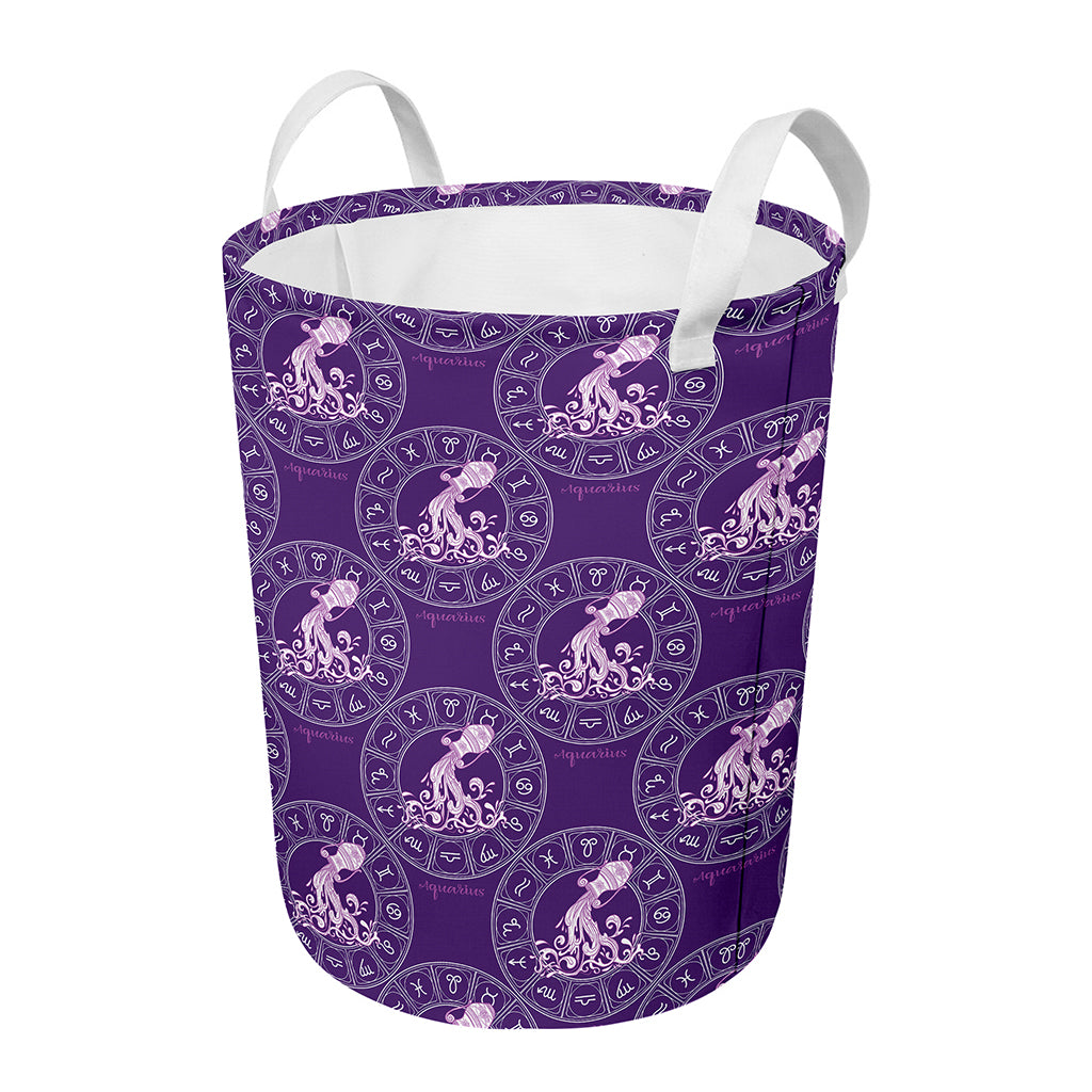 Purple Aquarius Zodiac Pattern Print Round Laundry Basket