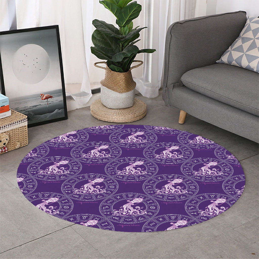 Purple Aquarius Zodiac Pattern Print Round Rug